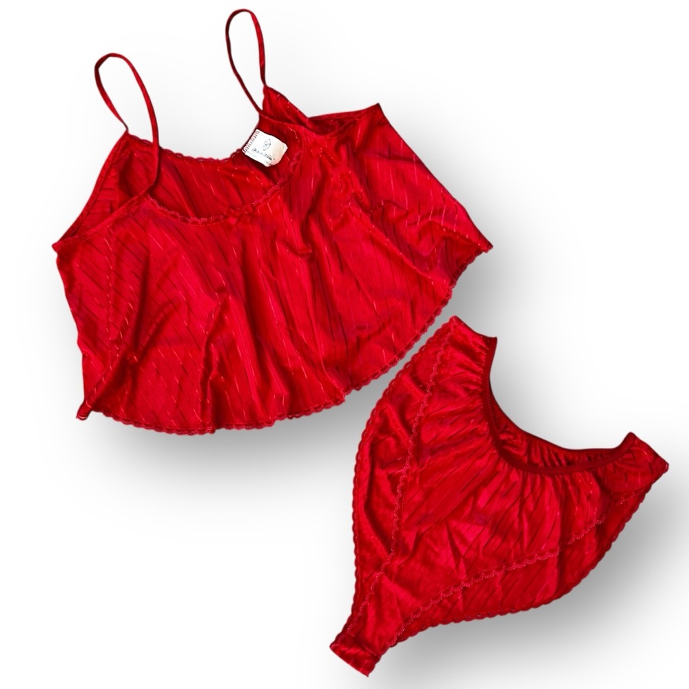 Vintage Slinky Red Lingerie Cropped Cami Top and French Cut Panties Set